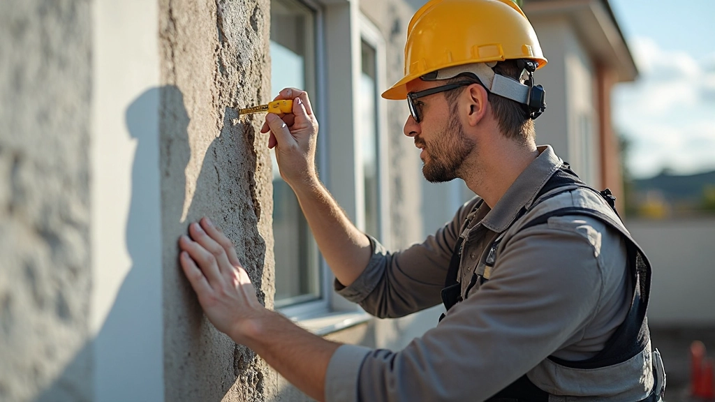 Рабочий проверяет теплоизоляцию и герметизацию стены жилого здания